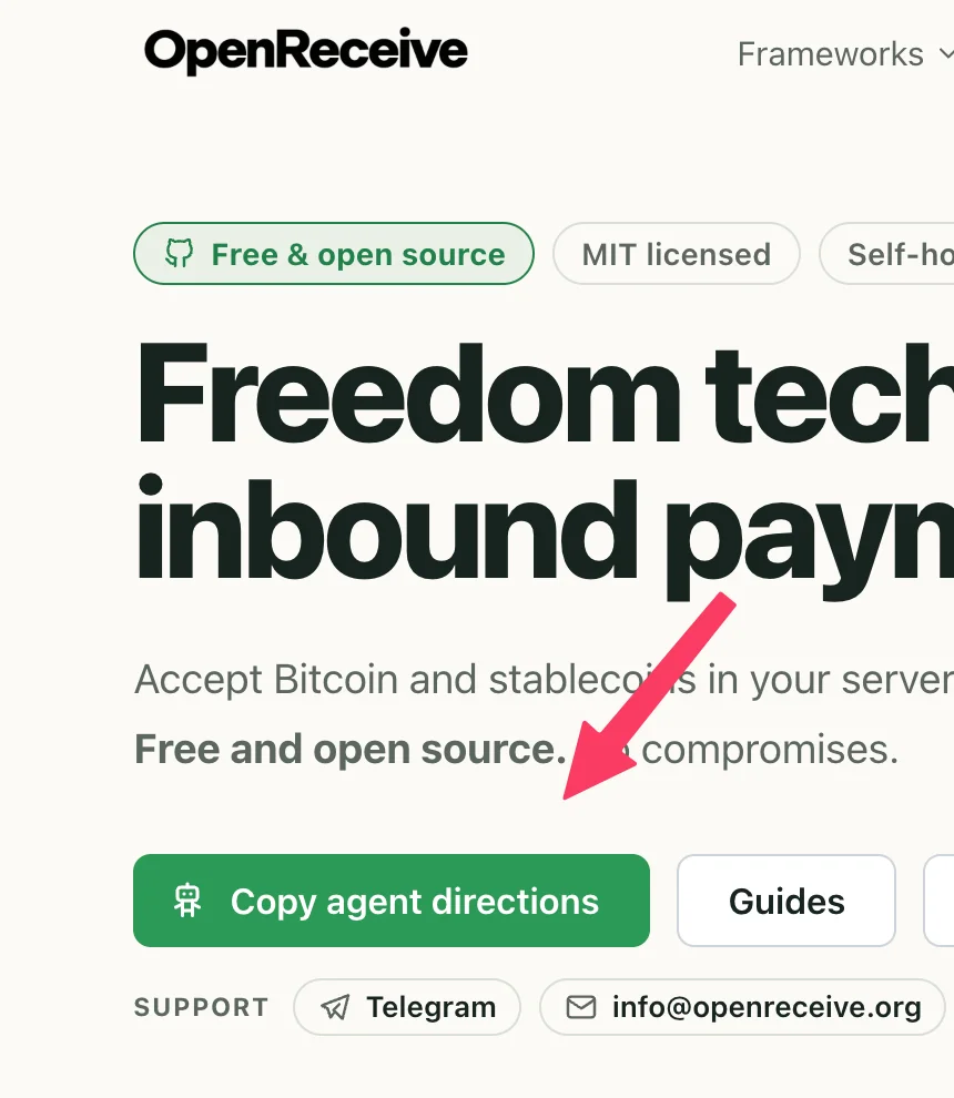 The Copy agent directions button on the openreceive.org home page