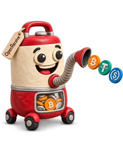 OpenReceive mascot, a vacuum cleaner collecting Bitcoin, USDT, and USDC coins